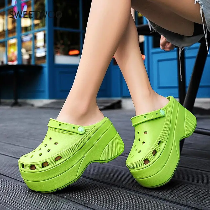 Summer Green Platform High Heels Sandals Non-slip Wedges shoes for Women 10 cm Increase Fashion Garden Shoes