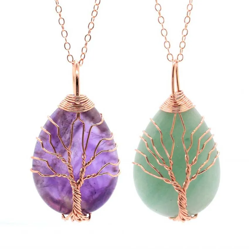 

Wire Wrapped Tree Of Life Crystal Stone Pendant Necklaces For Women Natural Amethyst Rose Quartz Agate Stone Waterdrop Pendants