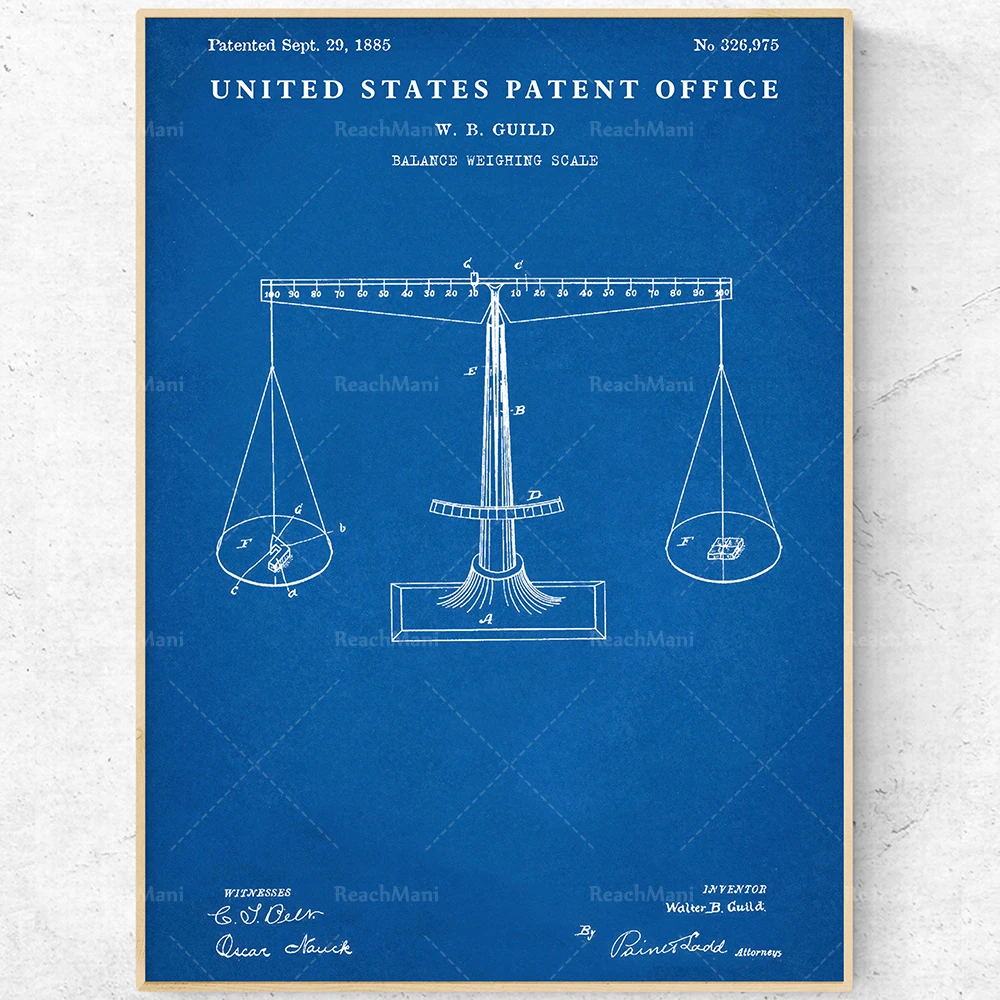 Balanced patent printing. Decorative office vintage. Blueprint wall art.