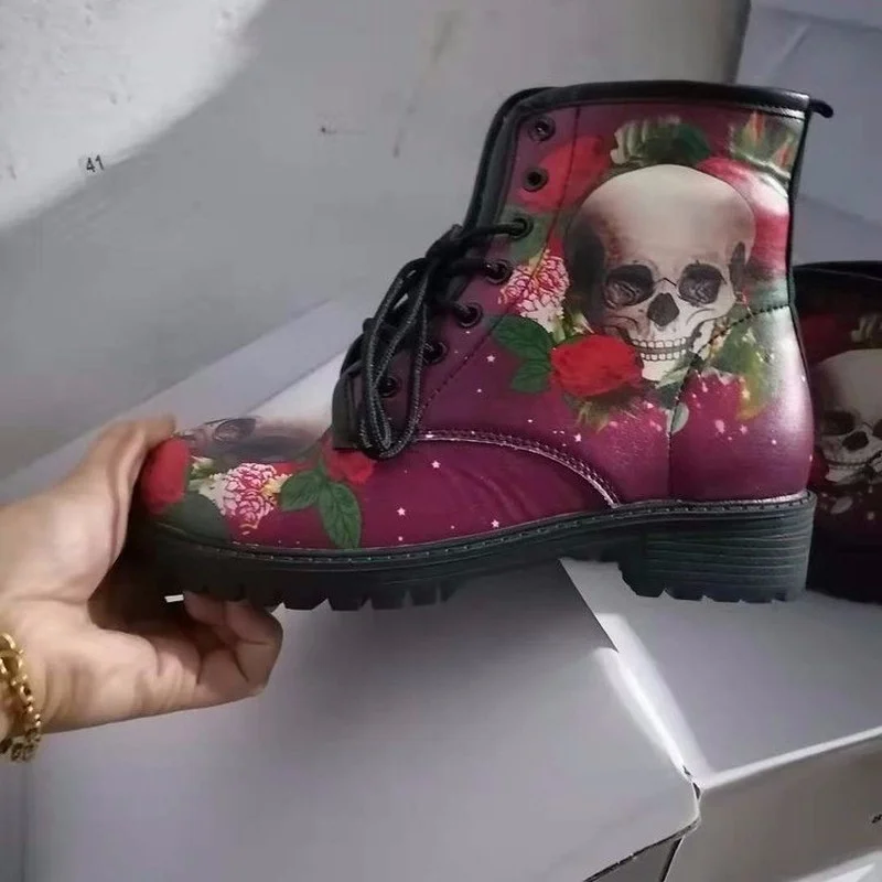 2021 stivaletti da donna scarpe con tacco basso donna Vintage in pelle Pu autunno caldo inverno stivali da neve alti moto Skull Pansy