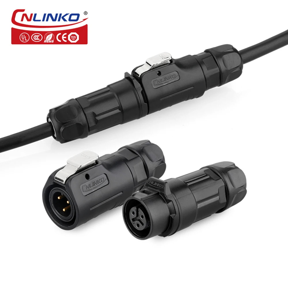 CNLINKO M12 IP68 Waterproof Outdoor Lighting PBT Plastic Power Push Pull Easy Quick Locking Electrical Connector With Dust Cap