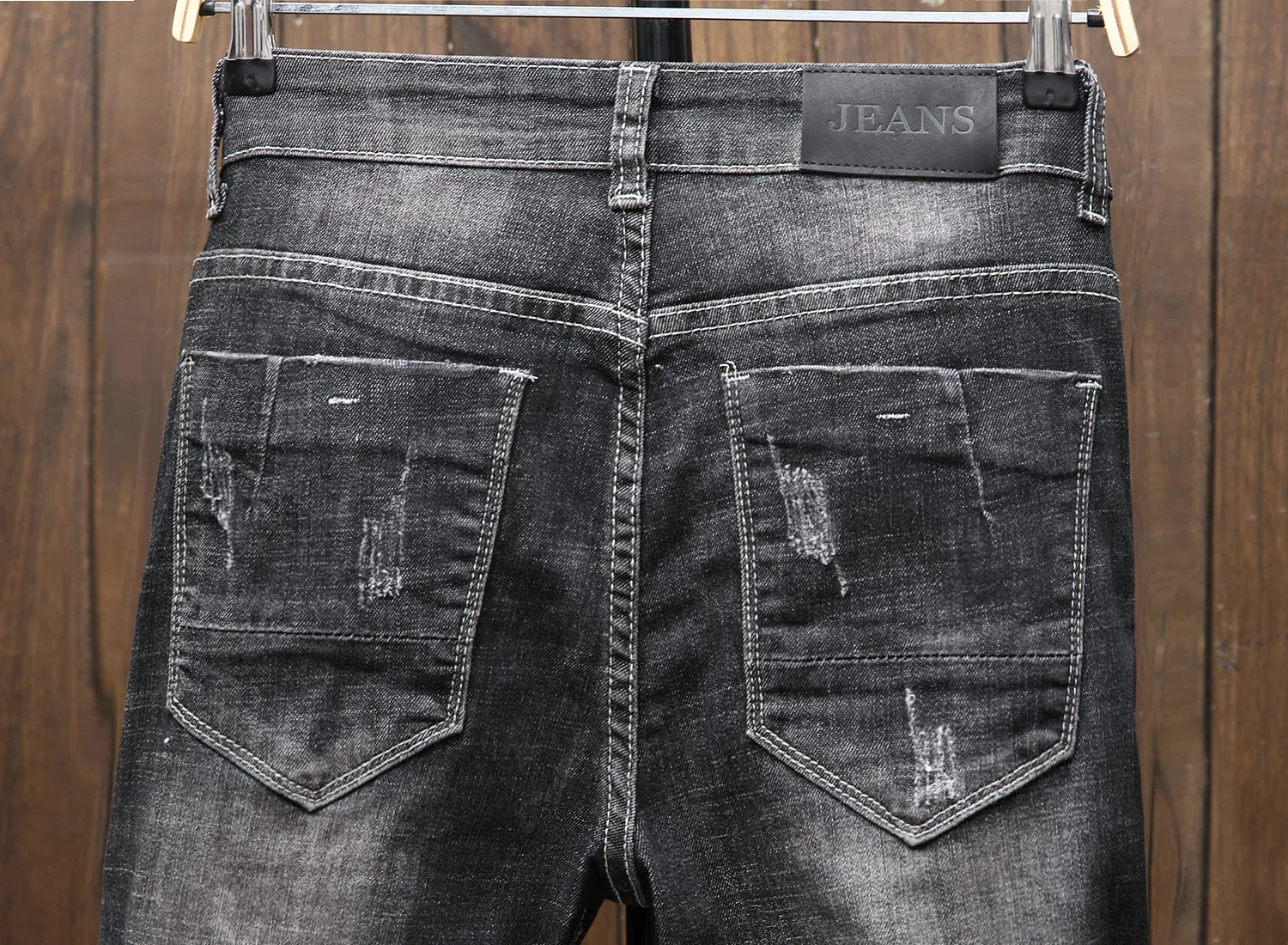 Black Jeans Men's Distressed Patch Letter Applique Stretch Pencil Pants Male Fashion Slim-fit Denim Trousers