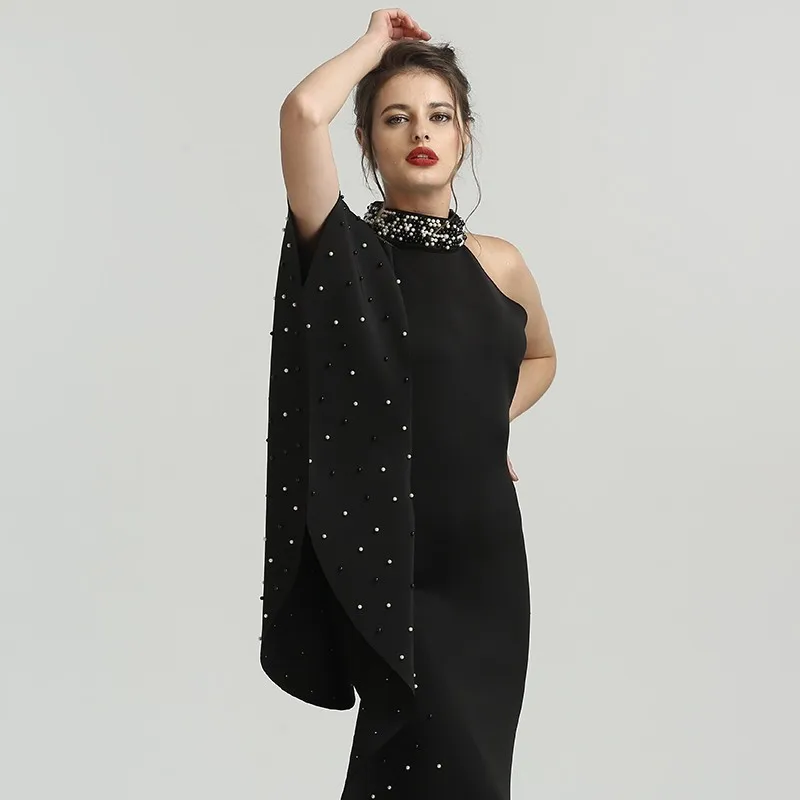 Vestido De noche De sirena con cuello alto y perlas, elegante, sin mangas, largo, Formal, árabe, color negro, 2022