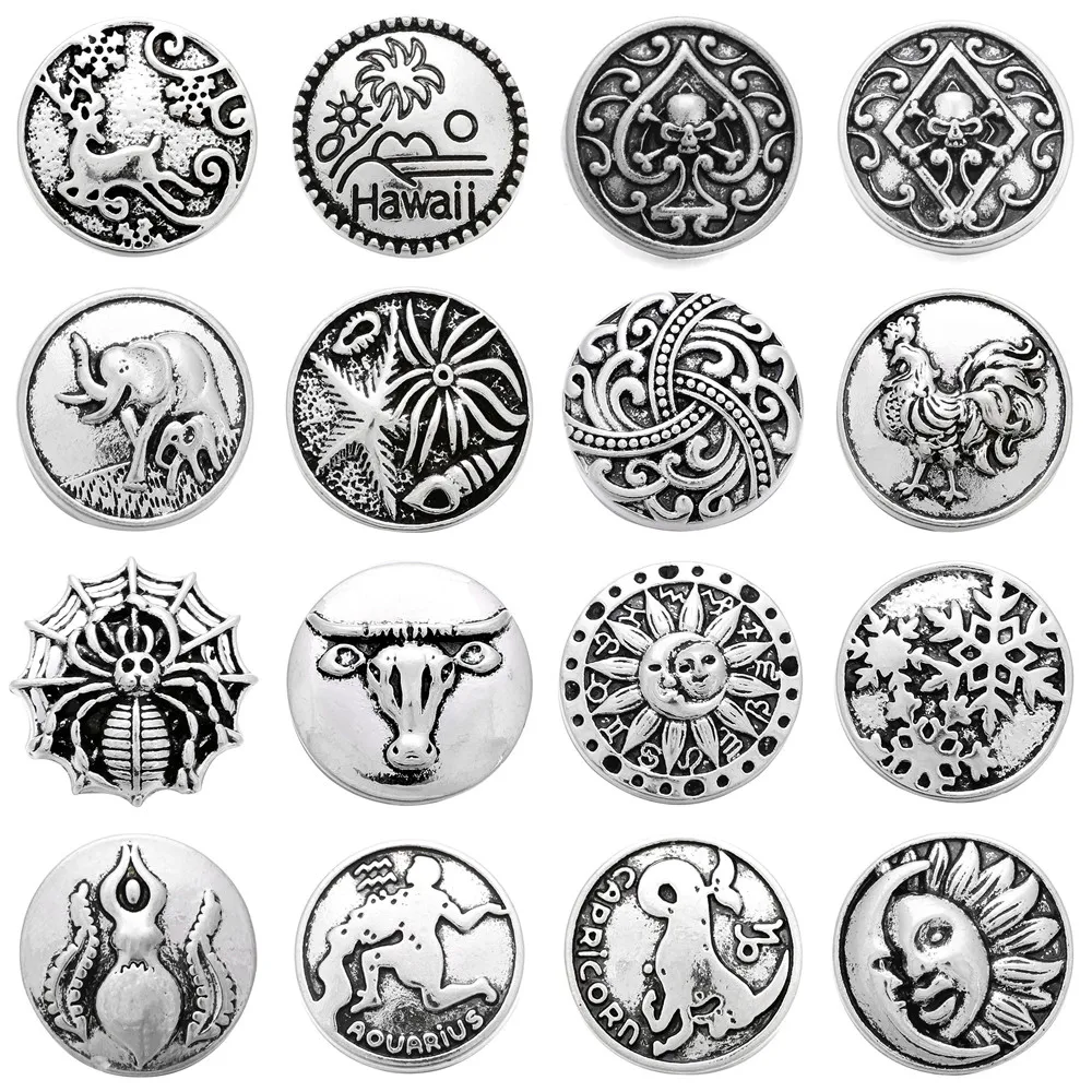 6pcs/lot New Snap Jewelry 18mm Metal Snap Buttons Sun Fowl Cattle Hawaii Christmas Snowflake Snaps for Snap Button Bracelet