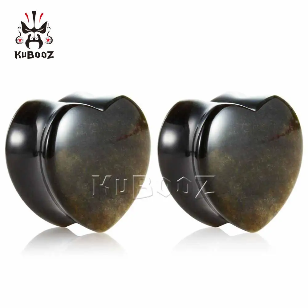 Kubooz New Fashion Heart Shape Obsidian Stone Ear Piercing Expanders Strechers Earring Plugs Tunnels Body Jewelry ChristmasGift