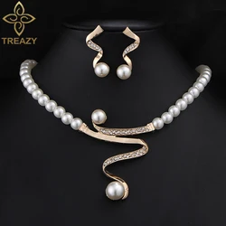 TREAZY Vintage Gold Color Simulated Pearl Jewelry Sets For Women Wedding Bridal Crystal Necklace Earrings African Jewelry Set