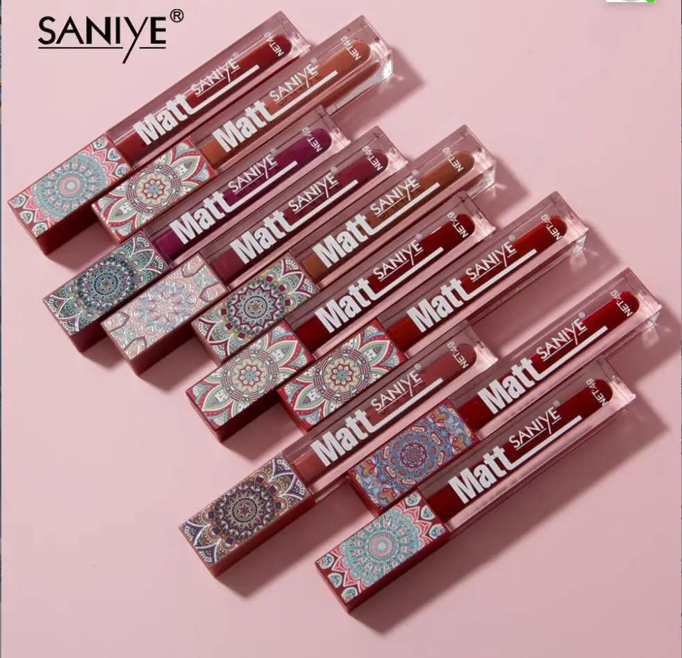 SANIYE Brand Makeup Nude Lip Gloss Waterproof Liquid Matte Lipstick Long Lasting 4g Quick Dry Red Lip Gloss Cosmetics T2056