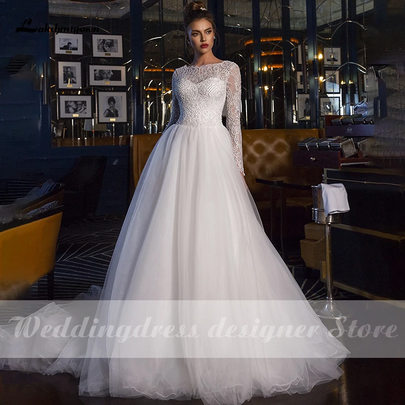 Lakshmigown A-lijn Bruidsjurk Met Lange Mouw Luxe Kralen Kant Applicaties Sexy Tulle Prinses Bruid Toga Vestido De Noiva