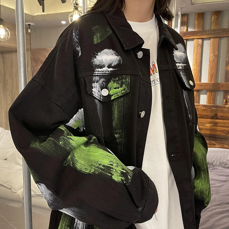 Fashion Jean Jacket Men Denim Hip Hop Jacket Streetwear Graffiti Jean Coat Men Women Korean Loose Autumn Couple Coat Clothes