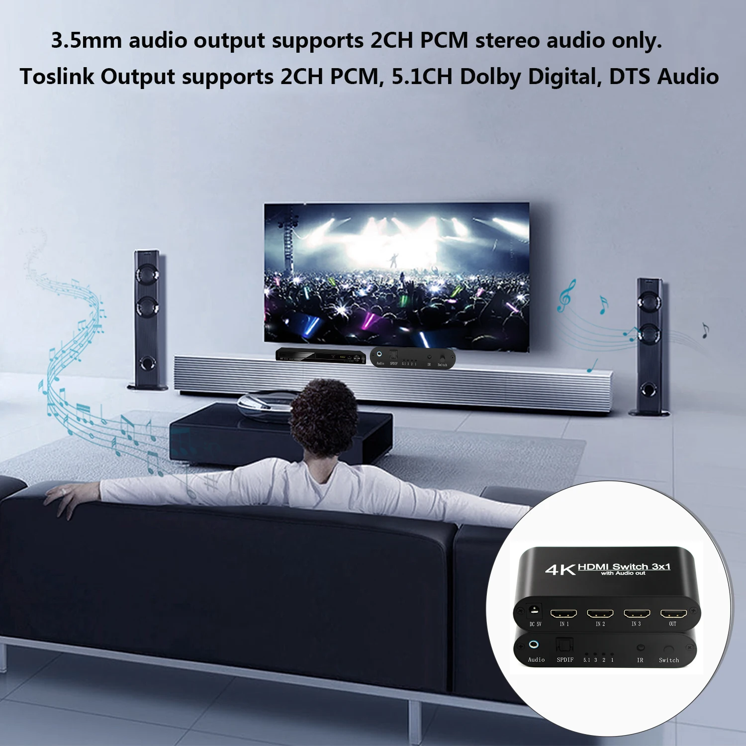 Pemisah Audio HD, tiga HD Ke HD + SPDIF + 3.5mm Audio untuk DVD Blue-Ray DVD PS3 HD Player dengan kabel Spdif Hd