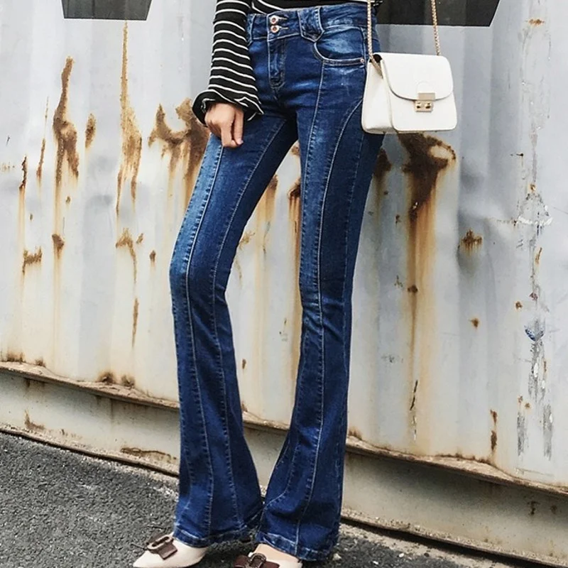 Patchwork Vintage Slim Fit Womens Denim Pants Autumn Chic Button High Street Office Ladies Full Length Fashion Flares Trousers