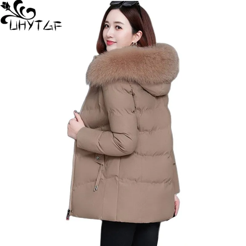 

UHYTGF Down Jacket Female Winter Coat Women Fur Collar Hooded Warm Loose Size Outewear Thicken Short Cotton Overcoat Genuine2337