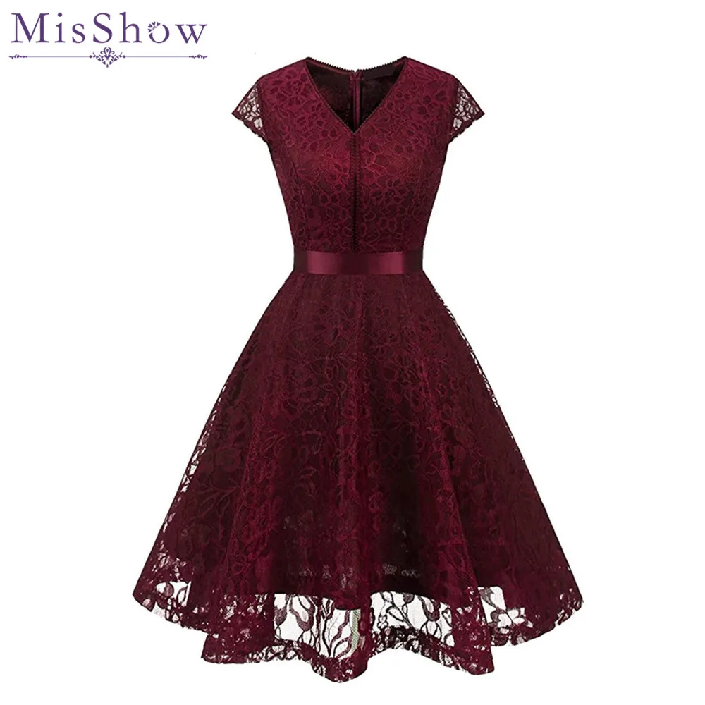 

Women Blue Burgundy Floral Lace Vintage Short Dress Female Sexy V Neck Waist Belted A Line Party Dresses Women Robe Vestidos