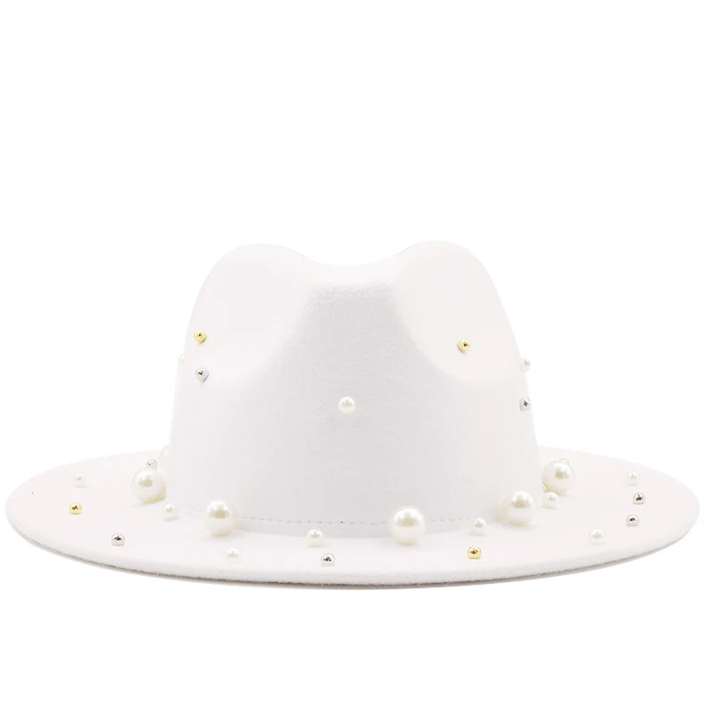 New Women Men Wool Fedora Hat With Big Pearl Gentleman Elegant Lady Winter Autumn Wide Brim Church Panama Sombrero Jazz Cap