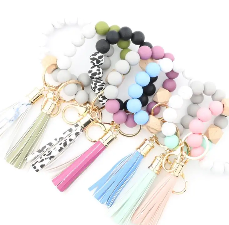 Fashion Silicone Bead Bracelets Beech Tassel Key Chain Pendant Leather Bracelet Women's Jewelry 14 Style SN3683