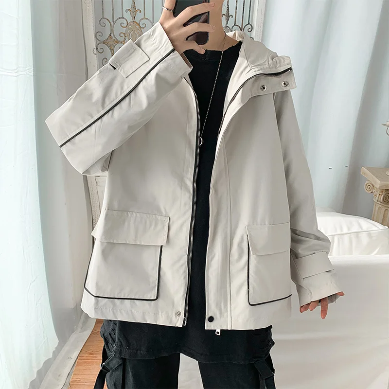 Autumn Spring Men Loose Preppy Style Chic Jacket Streetwear Hip Hop Black Hooded Coat Single Breasted Punk Casual Outerwear