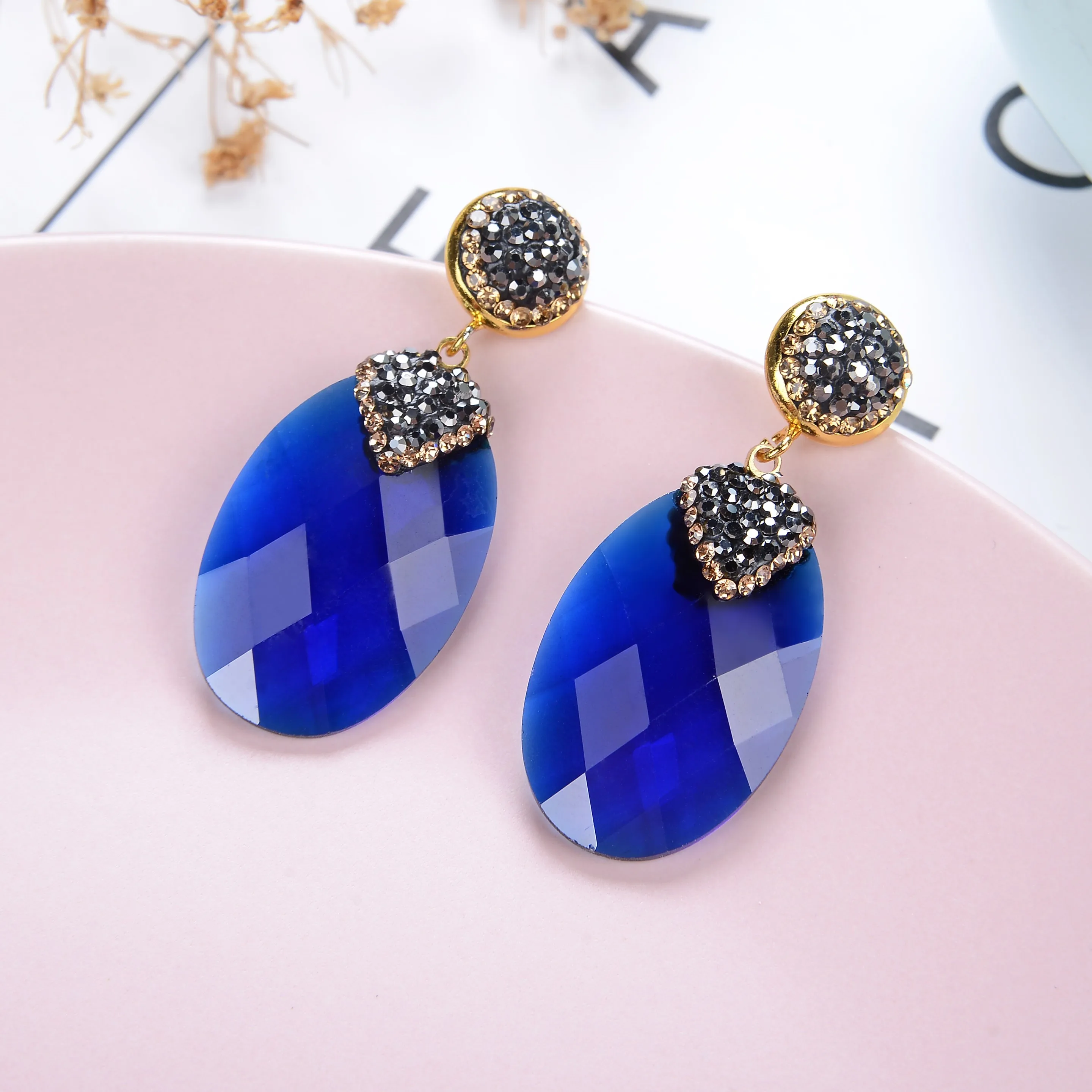 10 Color Oval Gem Drop Earring Gold Metal Sparkling Rhinestone 2020 Trend Glass Earrings For Women Fashion Jewelry Gift