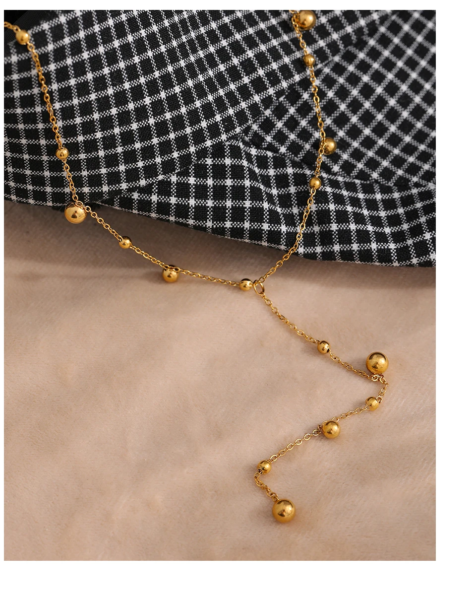 Yhpup Halskette mit langem Anhänger aus Edelstahlperlen, minimalistisch, 18K PVD-beschichtet, Metallkragen, Modeschmuck, Bangkok Parti-Geschenk – Detail 6