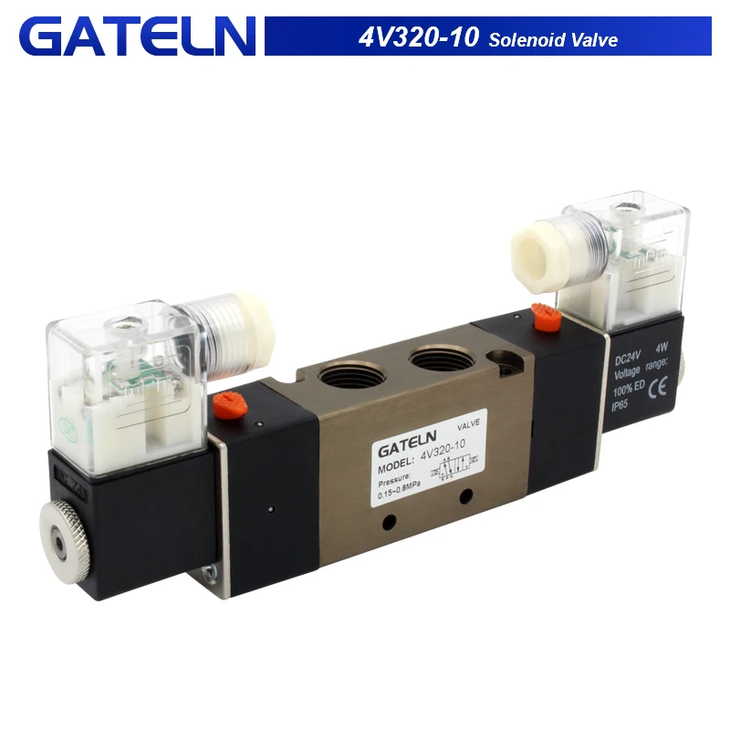 

4V320-10 DC 12V 24V AC110V 220V 3/8" BSPT 2 Position 5 Ways Pneumatic Solenoid Valve with 6mm 8mm 10mm 12mm fittings