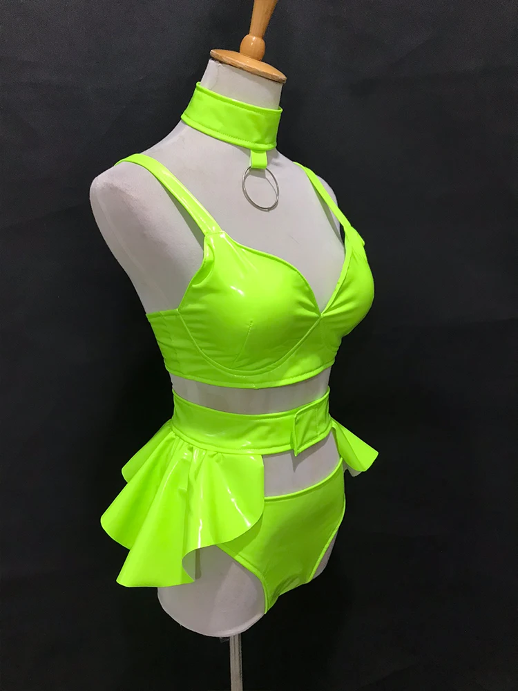 Fluorescent Color Nightclub Bikini Performance Clothing Suit Rave Outfits Bar Dj Dancer Stage Wear Pole Dance Costume VDB3768