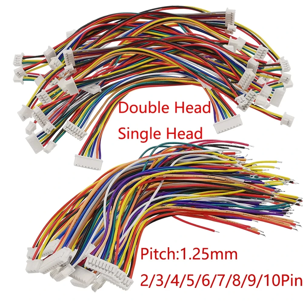 10Pcs JST 1.25mm Pitch Single/Double Cable Head Connector JST 1.25mm 2P 3P 4P 5P 6P 7P 8P 10 Pin Wire length 10CM 15CM 20CM 30CM