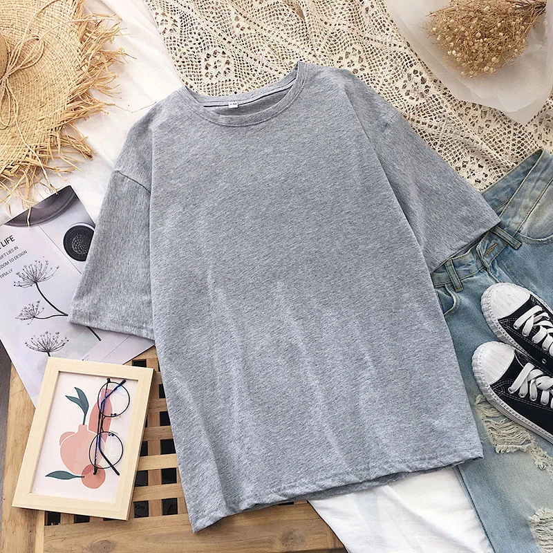 

WWENN 2021 New Oversized Basic Cotton T Shirt Women Summer Solid Tees 3 Color Casual Loose Tshirt Korean O Neck Female Tops