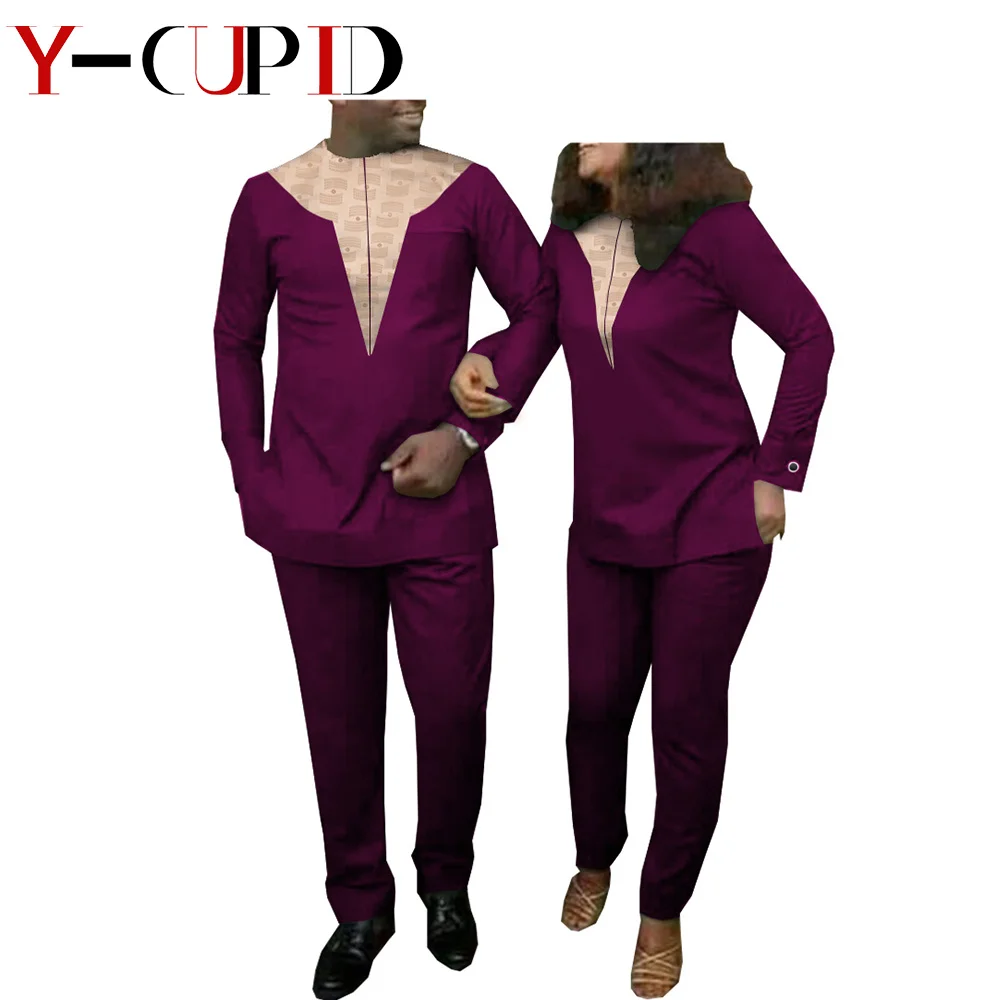 African Clothes for Couples Bazin Riche Women Top and Pants Sets Matching Men Outfits 2 Pieces Patchwork Pants Sets YA20C001