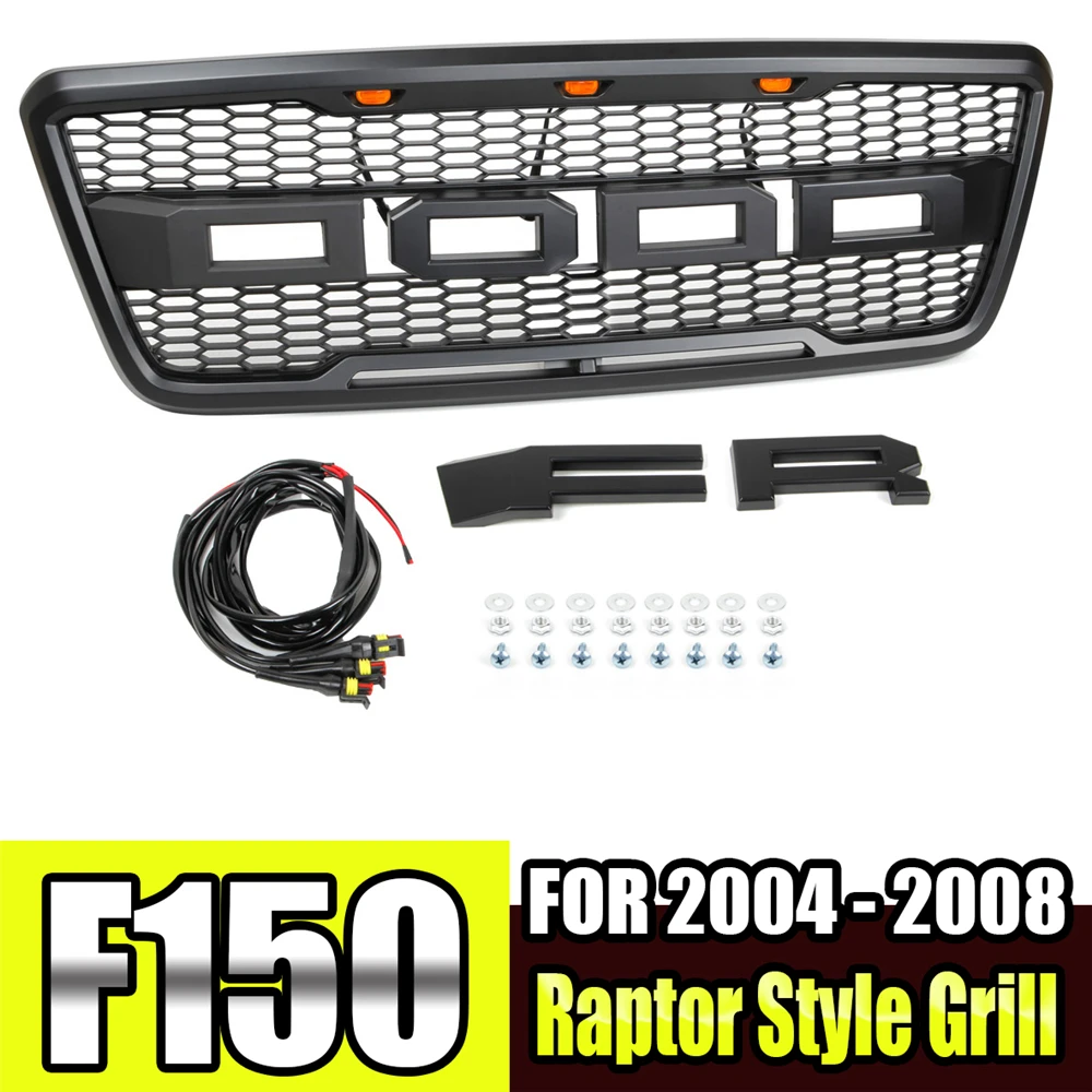 

For 2004-2008 Ford F150 Raptor Style Black ABS Front Hood Grille Conversion with Amber LED Lights and Letters