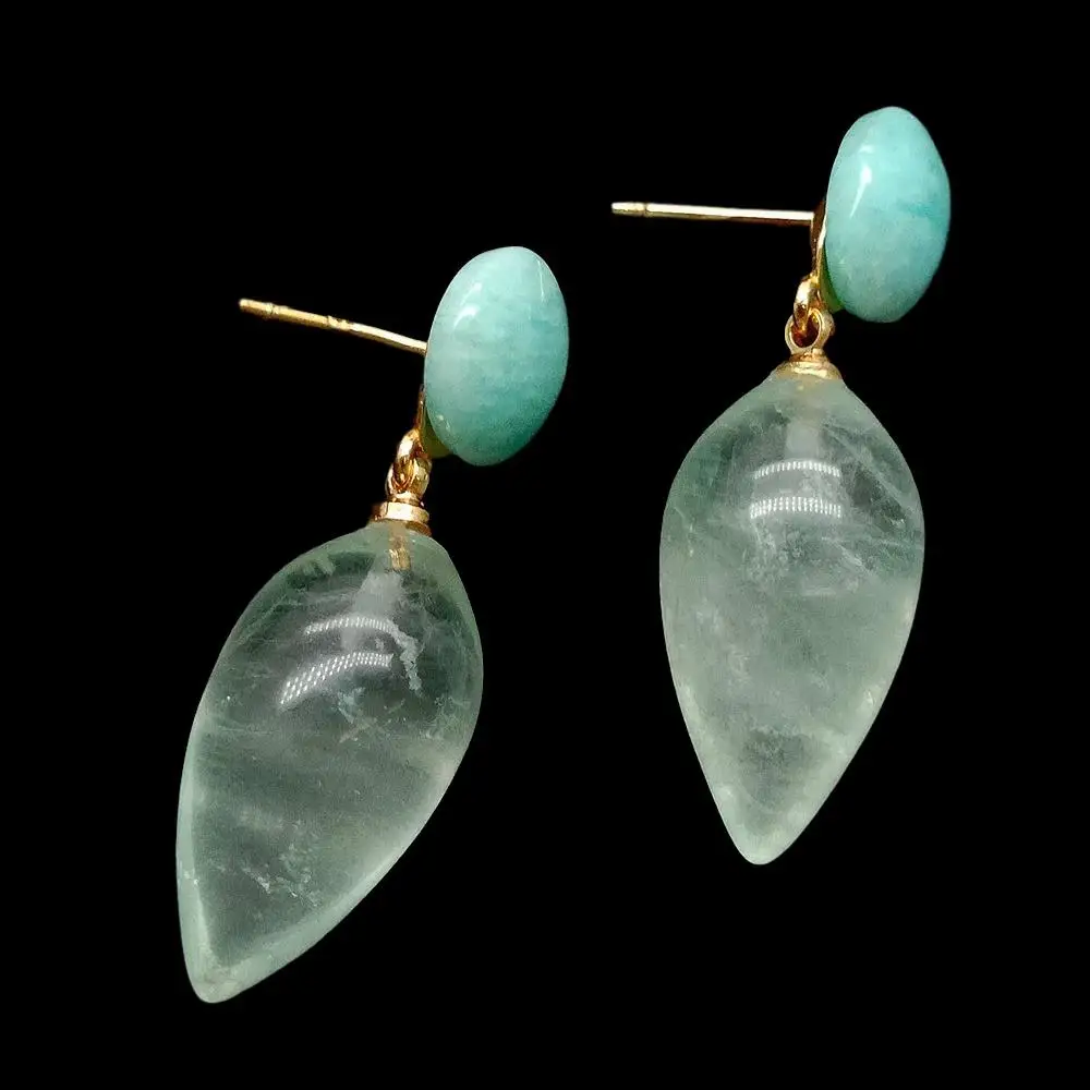 

KKGEM 1.4" 11x21mm natural Teardrop Amethyst Prasiolite Amazonite CoinStud Earrings cute style for women