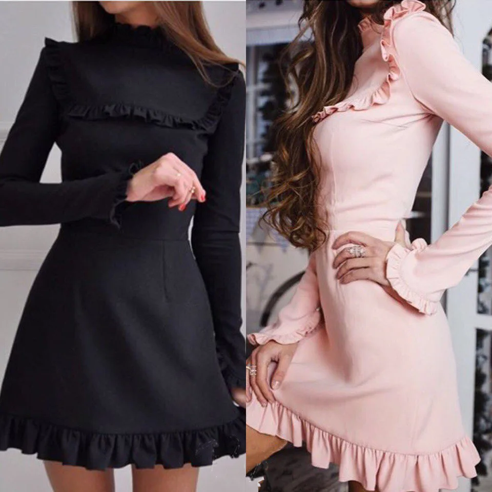 

Popular Ruffled Dress round-Neck Long-Sleeved Dress