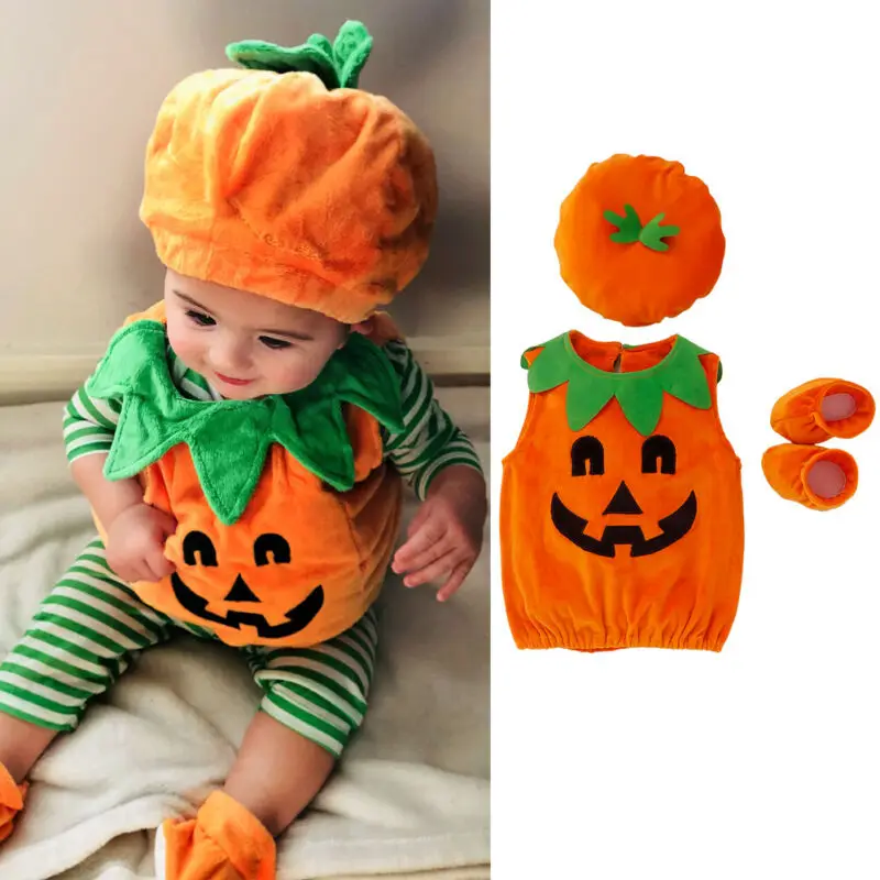 PUDCOCO Cosplay Halloween Baby Kids Pumpkin Suit Top Blouse Dress Romper Jumpsuit+Hat+Shoes  Party Fancy Costumes 3PCS 0-3T