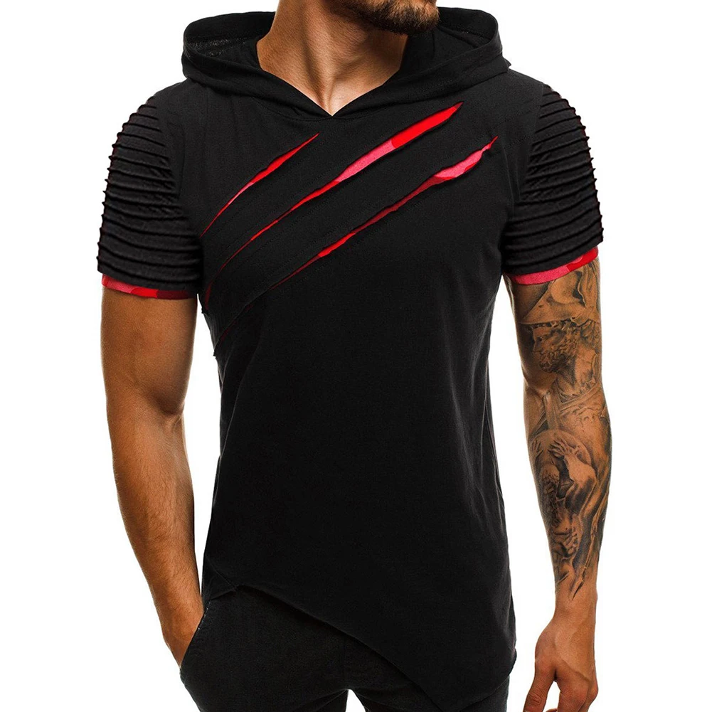 Men Causal-Short Sleeve Ripped Irregular Hem Slim Blouse T-shirt Fitness Hoodie Ripped with Hood Irregular Hem Fashion Patchwork