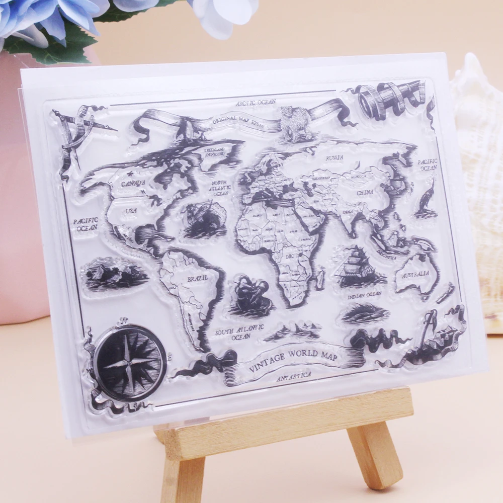 Alinacutle Clear Stamp Vintage World Map Scrapbooking Handmade Card Album Paper Craft Rubber Transparent Silicon Stamp