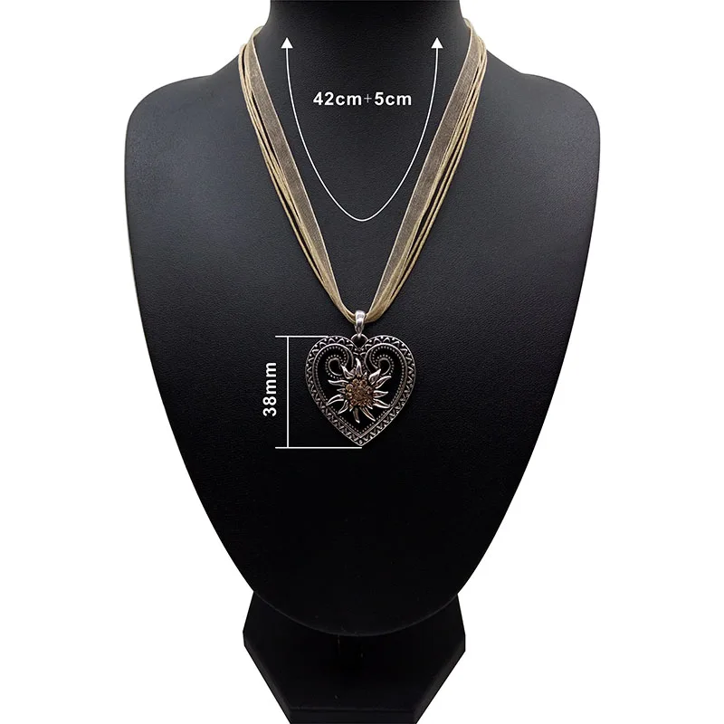 New Vintage Heart Edelweiss Flowers Necklace Organza Ribbon Rope Chain Pendant Women Dirndl Oktoberfest Jewelry Wholesale