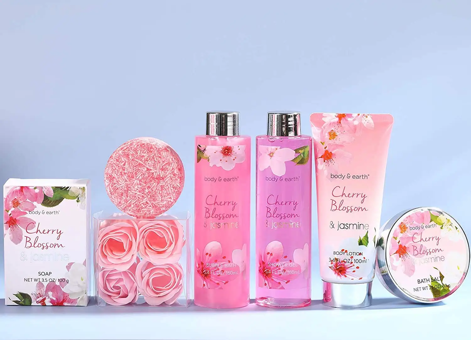 8Pcs Spa Bath Gift Baskets for Women, Cherry Blossom & Jasmine Scent Bath & Body Set, Mothers Day/Anniversary/Holiday Spa Gift