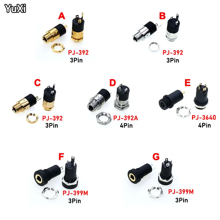 1Pcs PJ392 392A 3640 399M 3.5MM Stereo Female Sockect Jack with Screw 3.5 Audio Headphone Connector PJ-392 Cylindrical Socket