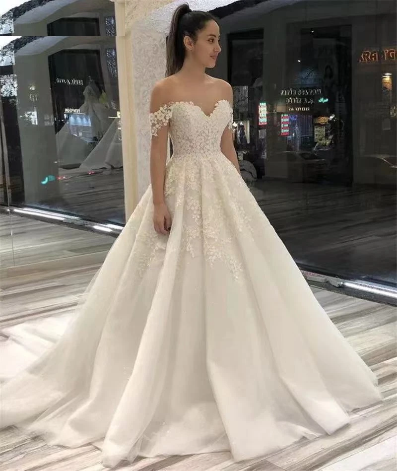 Vestidos de novia con hombros descubiertos, cola de barrido, apliques de encaje de tul, vestidos de novia de boda con cordones en la espalda, vestido de novia