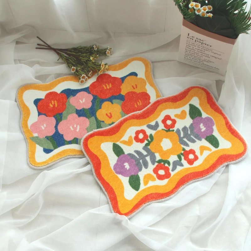 Retro Oil Painting Style Small Flower Floor Mat Household Imitation Cashmere Kitchen and Bathroom Absorbent Floor Mat Fur Rug