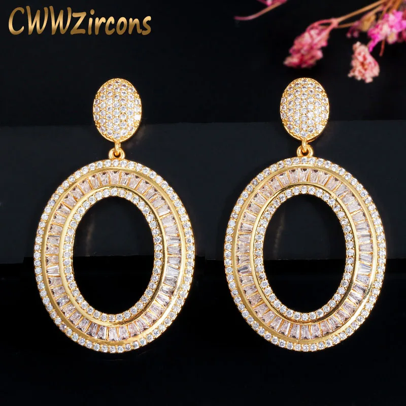 CWWZircons Full Cubic Zirconia Paved Glitter Yellow Gold Color Round Dangle Drop Earrings for Women Bridal Wedding Jewelry CZ598