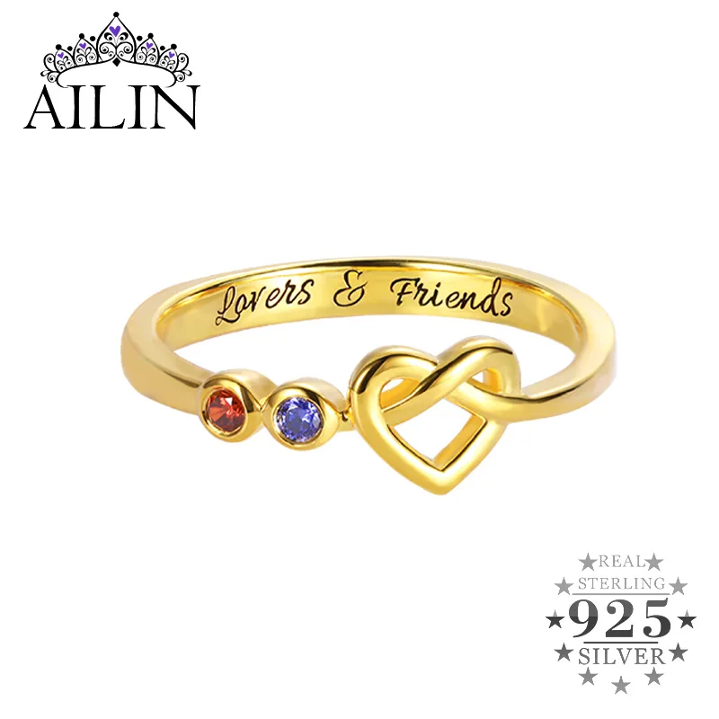 AILIN Personalised Heart 925 Sterling Silver Women Ring 18K Gold Plated Custom Birthstone Engraved Ring Wedding Couple Jewelry