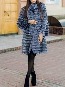 Women's Striped Real Silver Fox Fur Coat, Long Cardigen with Wool Lining, Big Size Clothes, Elegant Outwear, Spring, Lux18A09164