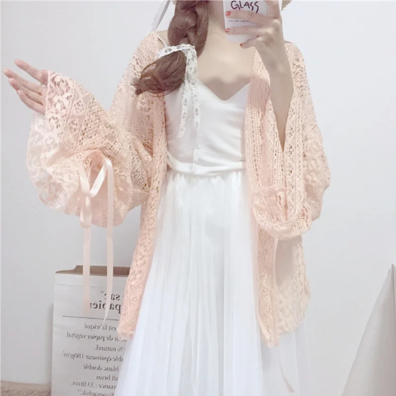 Women Cardigan Loose Lace Hollow Out Long Lantern Sleeve Summer Casual Sun-proof Outwear Girls Sweet Kawaii Korean Style Ulzzang