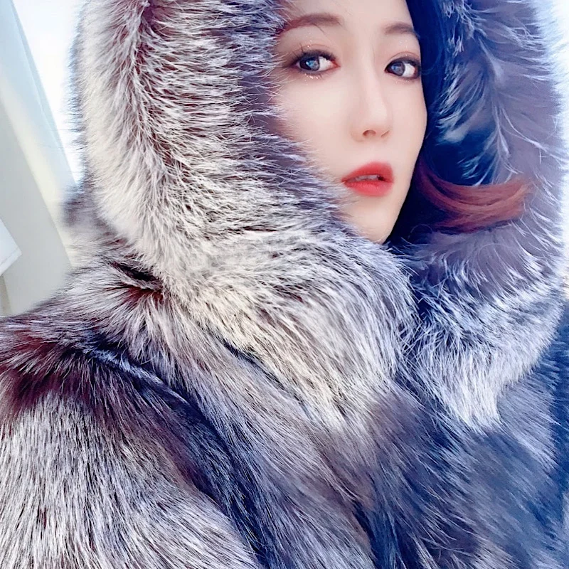 2021 New Luxury Silver Fox Fur Hooded Coats Women Winter Warm Outerwear High Quality Genuine Fox Fur Thick Fur Coat