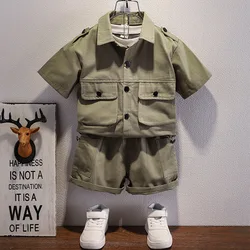 Western Baby Boys Clothes 2024 Summer Shorts Suit Army Green Button Lapel Shirt Multi-pocket Workwear Child Set 2 to 8 Years Kid