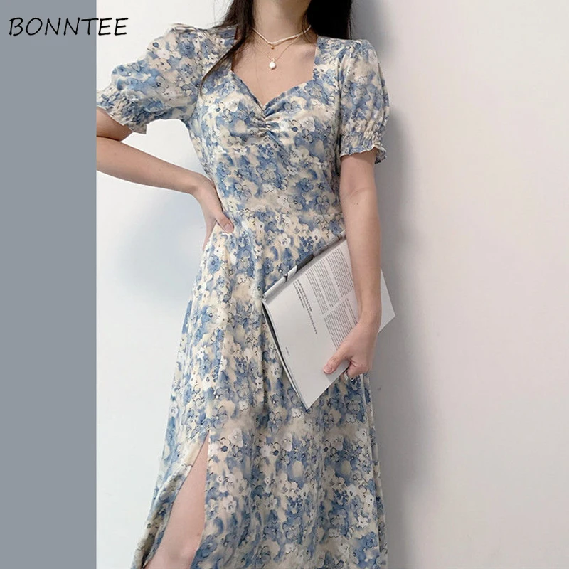 Floral Dress Women French Style Chic Square Collar Summer Vacation Lady Outerwear Classy Romance Vintage Sundress Popular Party