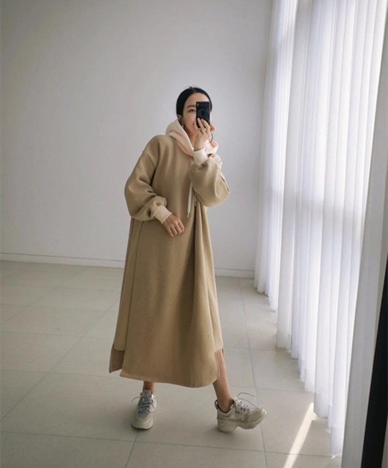 LMQ NEW Women Warm Casual Simple Long-Sleeved Hooded Sweatshirt Dress Clothing Drawstring Collar Pocket Lady Hooded Dress