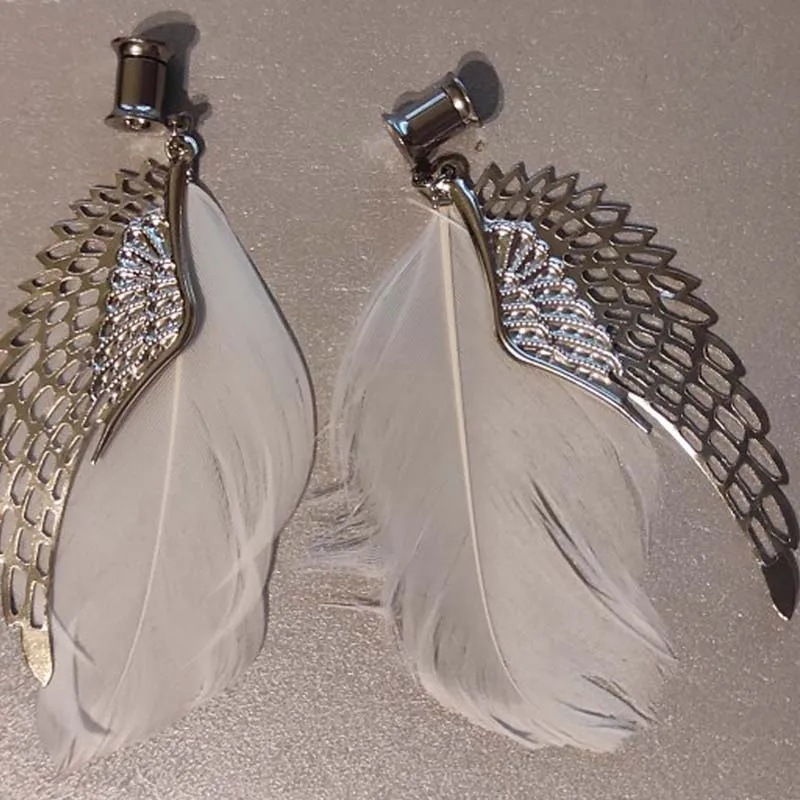 1 Pair Ear Tunnel Plug Stainless Steel Ear Gauges Flesh Piercing Feather Wing Pendant Ear ExpanderEar Reamer  Expansores Oreja