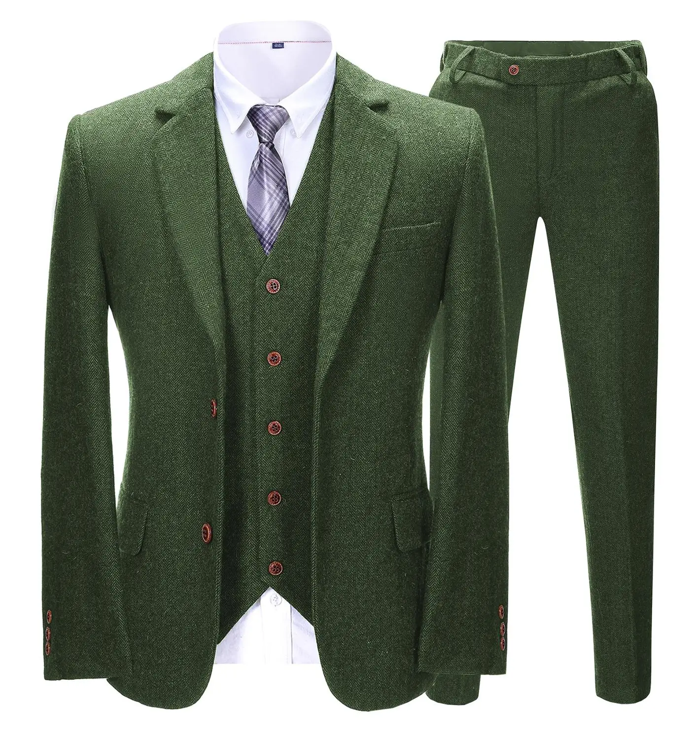 Wool Men's Business Suit Slim Fit Green Houndstooth Navy Tuxedos Blazer+Vest+Pants 3 Pieces For Party Wedding Banquet Prom Stage