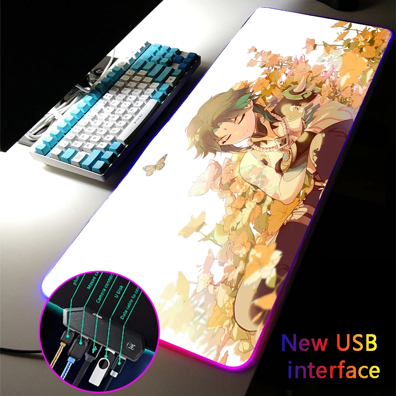 

Genshin Impact RGB Mouse Pad Anime Multi-interface Four USB Docking Dock USB Hub Cute Girl XXLMousePad Typec Interface Desk Mat