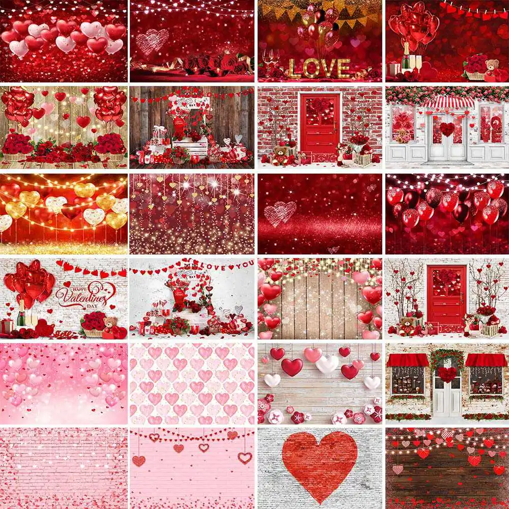 

Happy Valentine's Day Photography Background Rose Balloon Love Red Wood Door Baby Newborn Backdrop Party Decor Studio Photoshoot